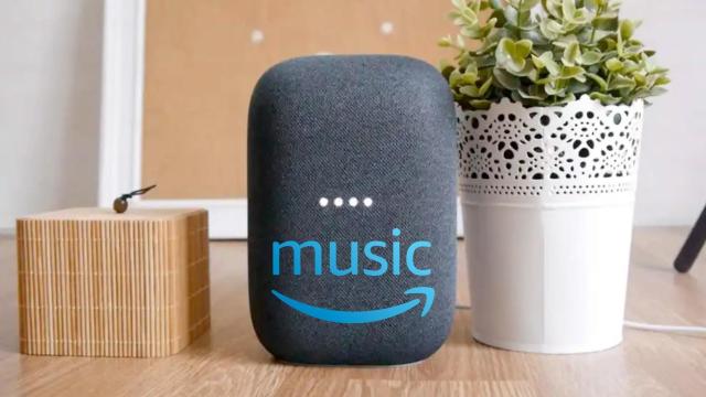Altavoz de Google y logo de Amazon Music