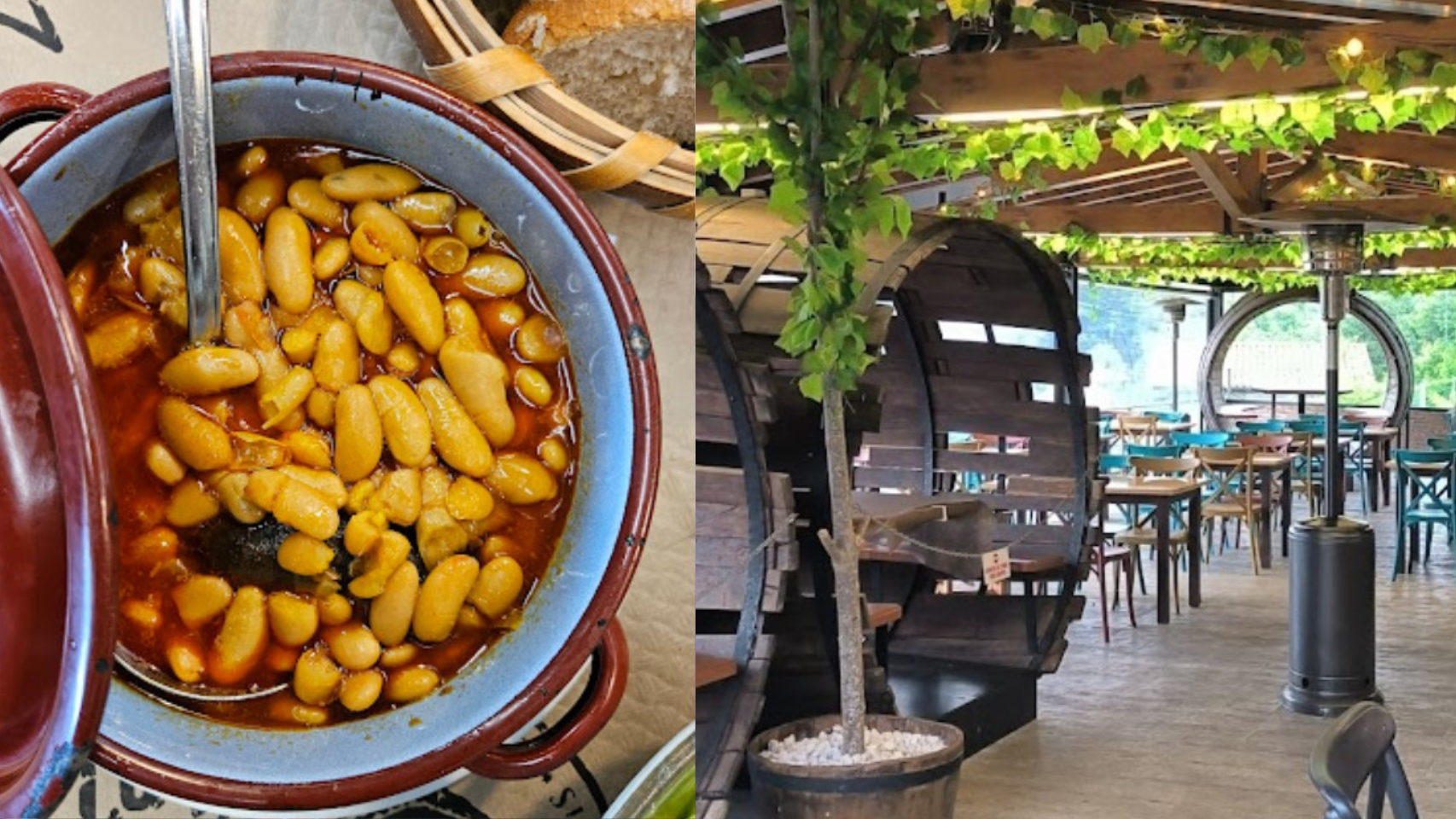 El restaurante de carretera de la N-634 La Veguca y una de sus cazuelas de fabada.