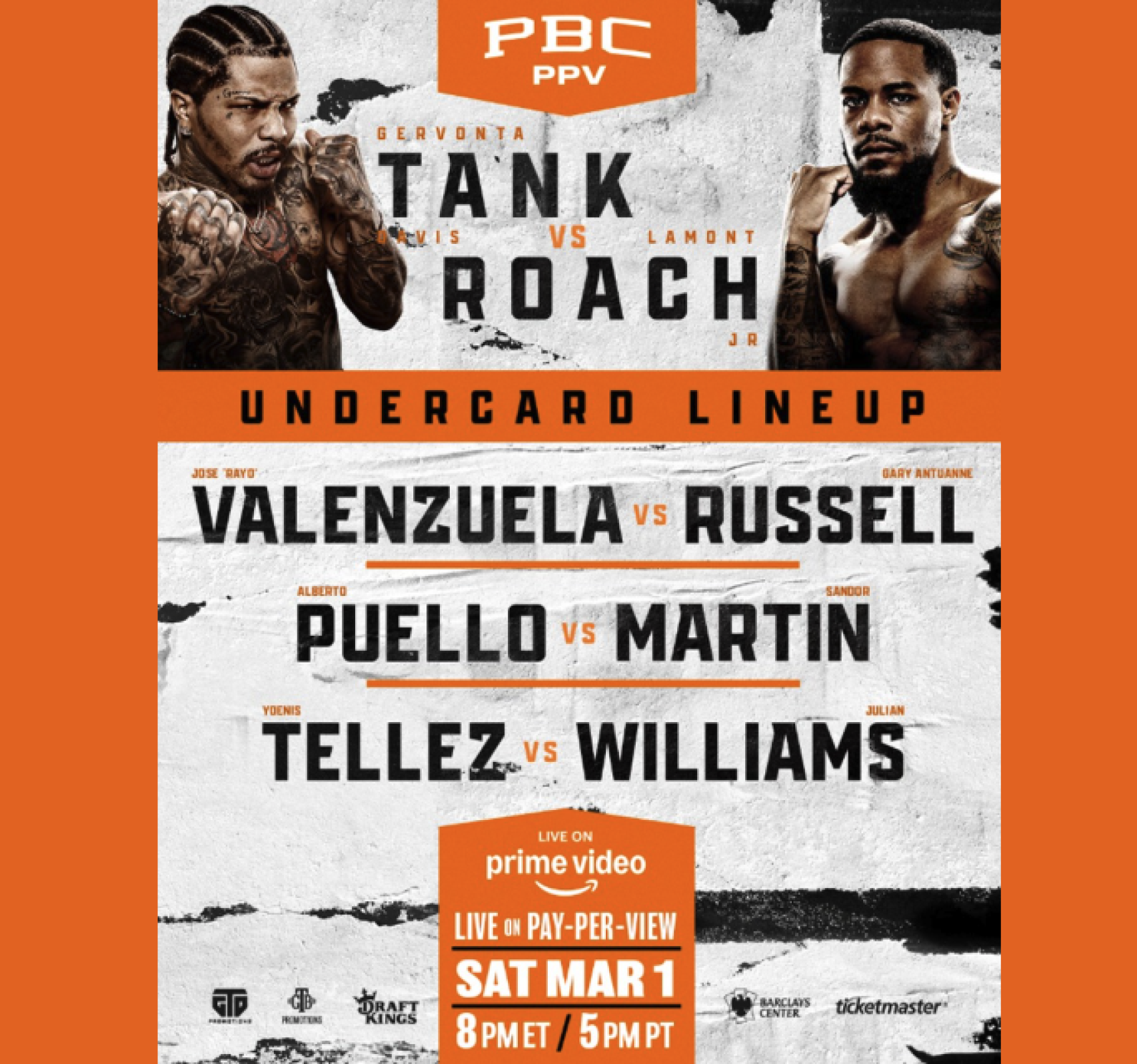 Cartelera de la velada en la que pelearán Sandor Martín vs. Alberto Puello