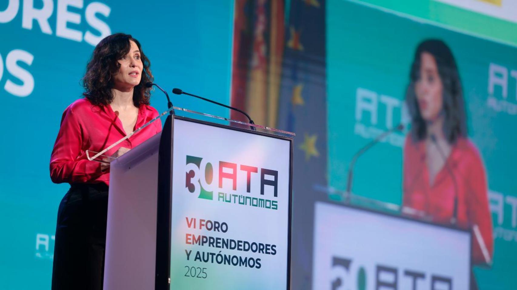 La presidenta de la Comunidad de Madrid, Isabel Díaz Ayuso, interviene el martes en el VI Foro ATA Emprendedores y Autónomos.