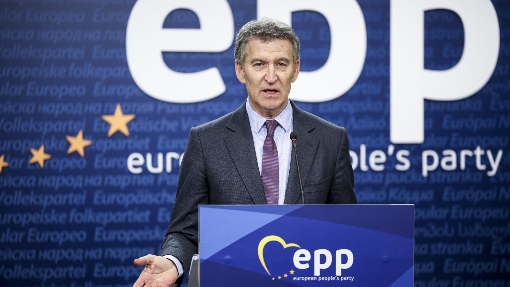 Alberto Núñez Feijóo, presidente del Partido Popular, este miércoles en la sede del PP Europeo en Bruselas.