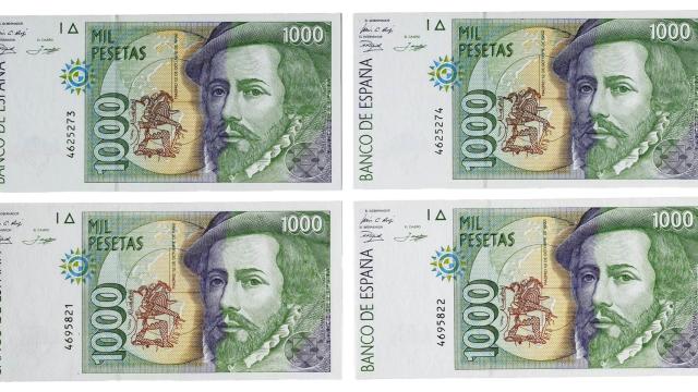 Cuatro billetes de 1.000 pesetas con la imagen de Pizarro.