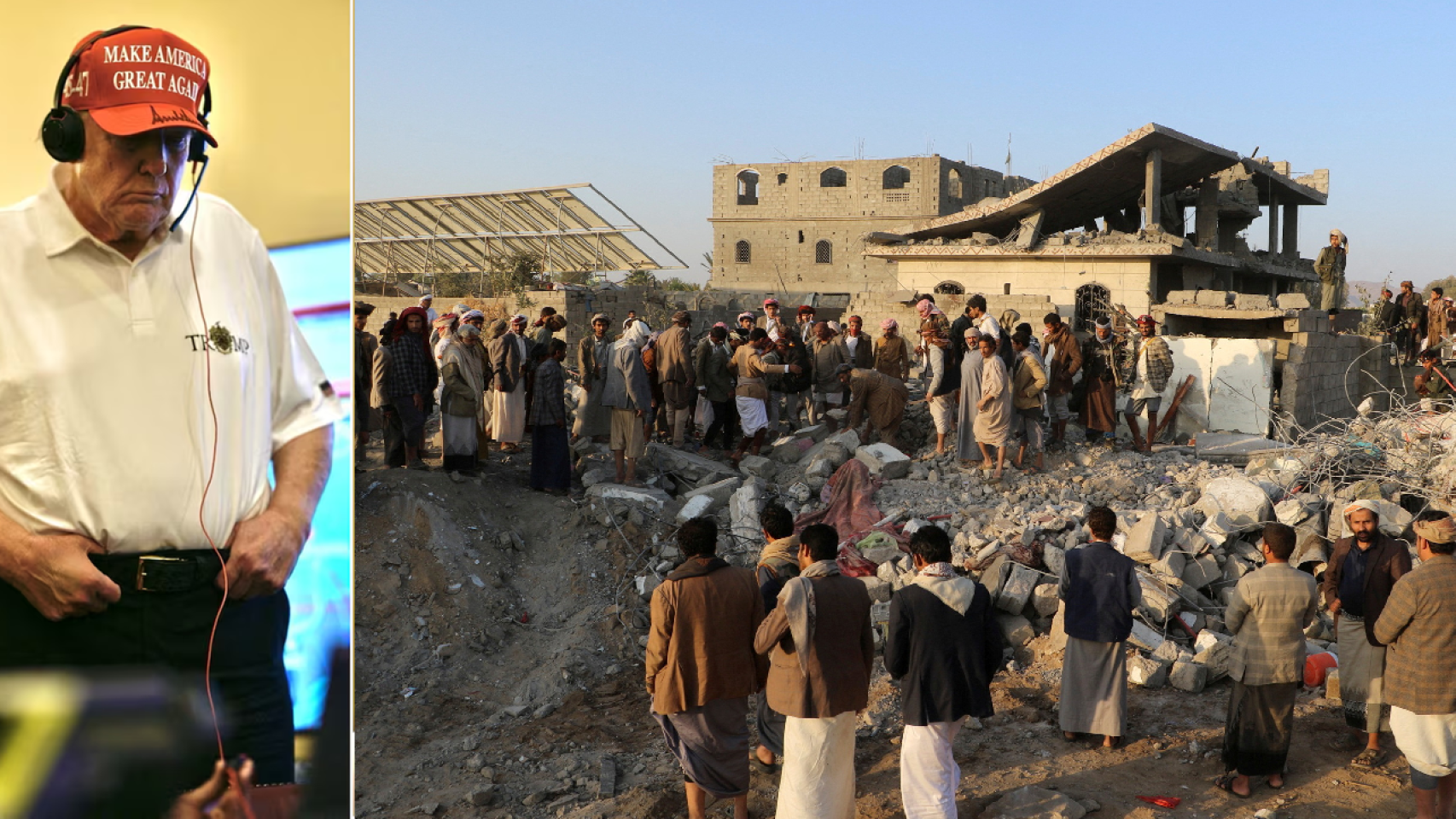 A la izquierda, Donald Trump supervisa los ataques; a la derecha, imagen del destrozo causado en Saada, Yemen.