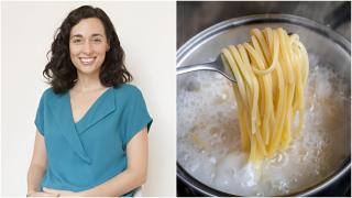 Un montaje en el que aparece la nutricionista Júlia Farré junto a una olla con espaguetis sumergidos en agua hirviendo.