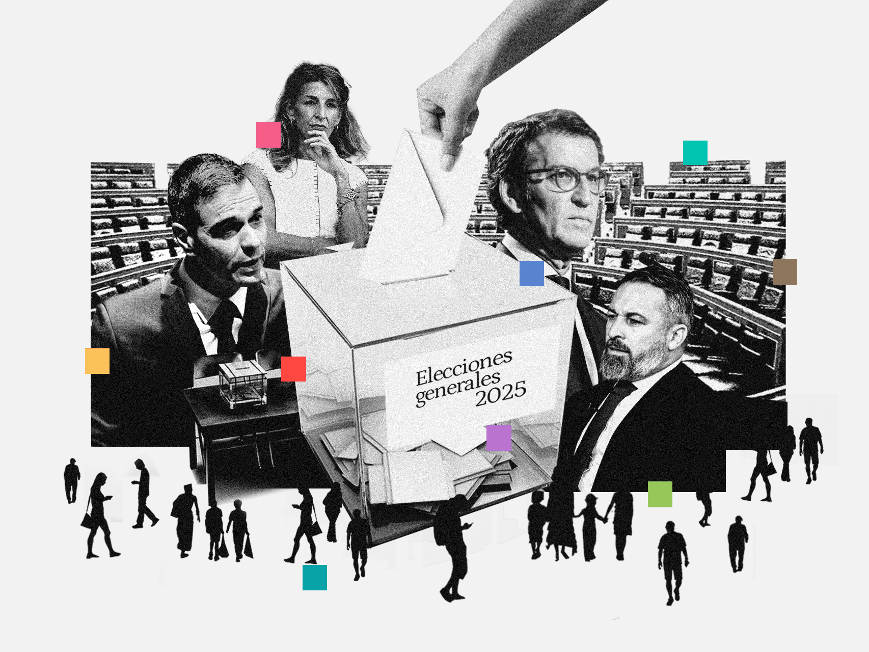 El presidente Pedro Sánchez, la vicepresienta Yolanda Diaz, Alberto Núñez Feijóo (PP) y Santiago Abascal (Vox).