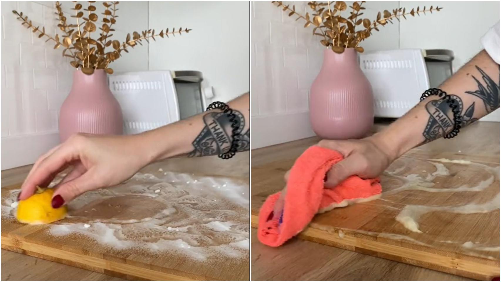 TikTok de @deco.eighteen limpiando una tabla de madera con bicarbonato y limón.