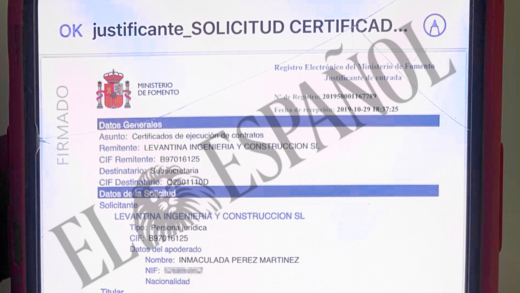Certificado de la constructora de José Ruz enviado por Koldo García a Aldama y hallado por la UCO en un dispositivo.
