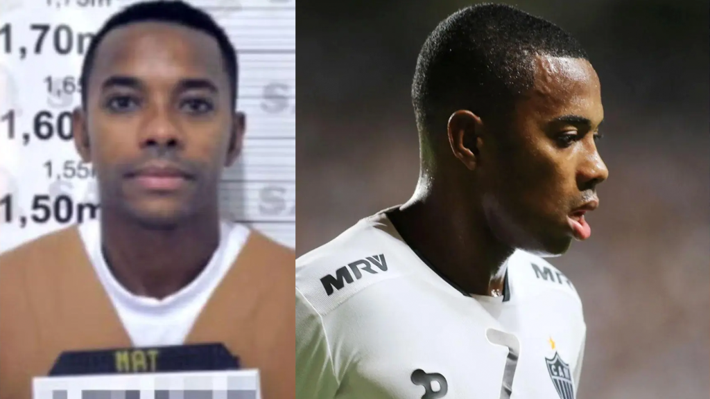 Robinho, en un fotomontaje de su época como jugador y la imagen de su ficha policial