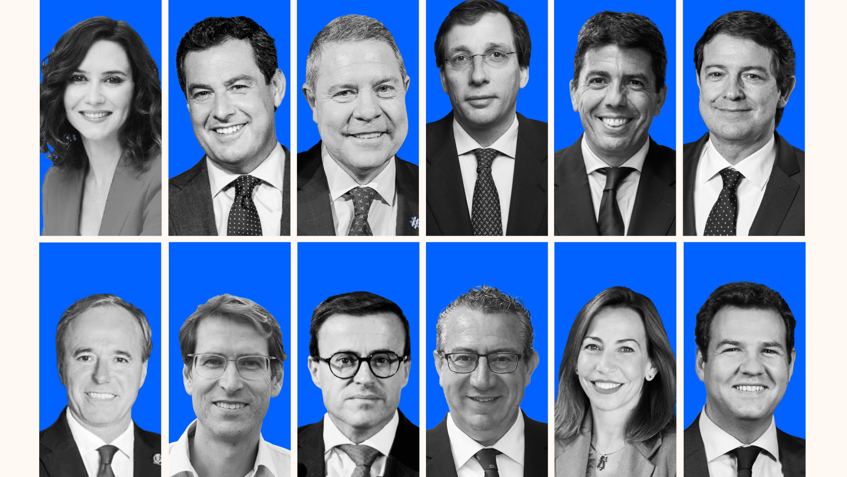 Ayuso, Moreno, Page, Mazón, Mañueco, Azcón, Capellán, Gallardo, Pérez, Almeida, Chueca y De la Uz.