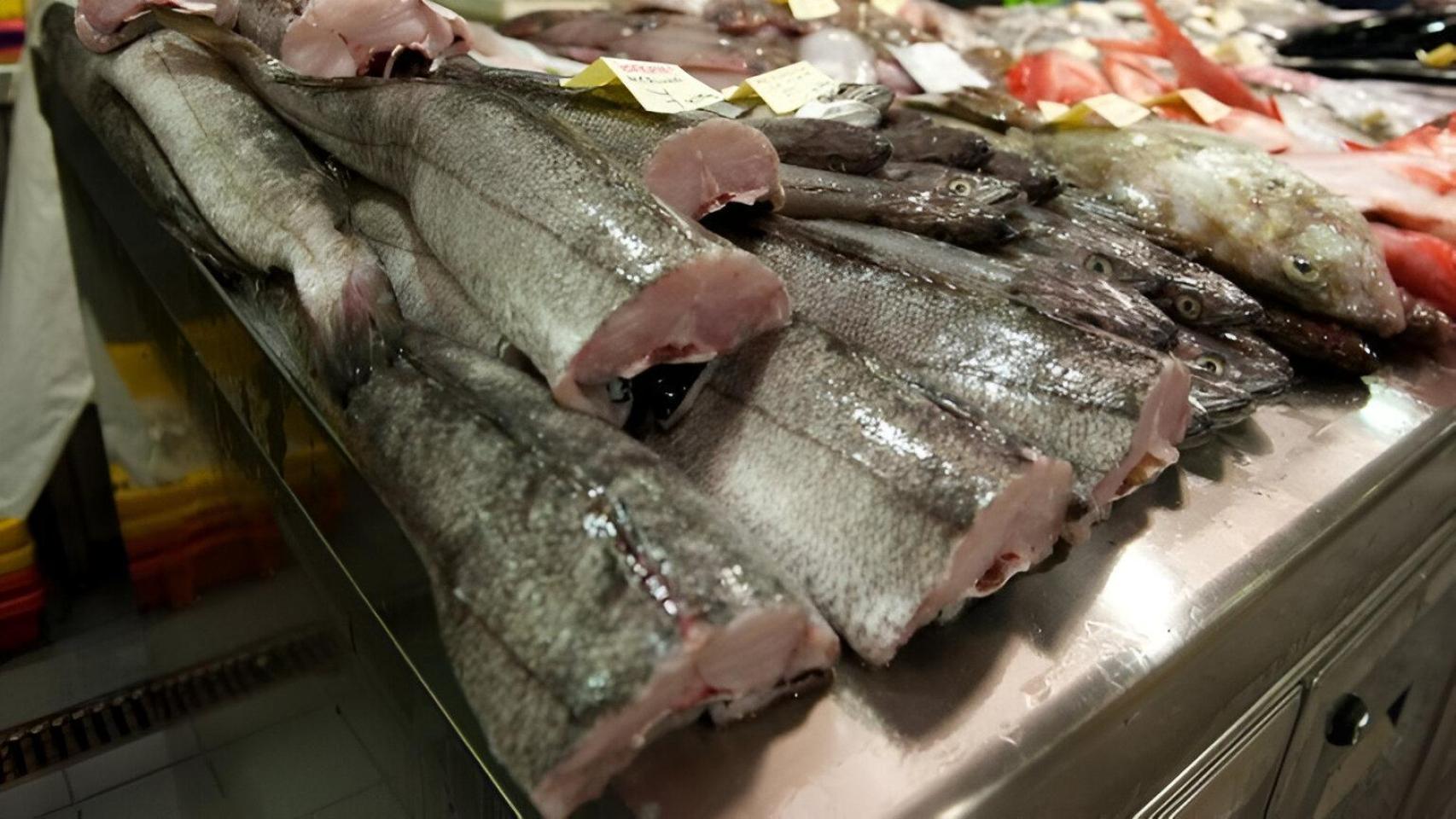 Varias piezas de merluza expuestas en una pescadería.