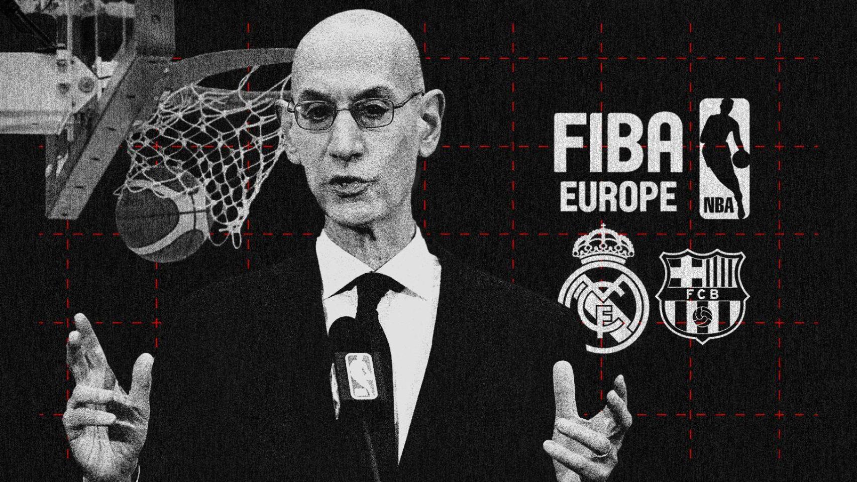 Adam Silver, comisionado de la NBA, con los logos de la NBA y de FIBA Europa y los escudos de Real Madrid y FC Barcelona en un fotomontaje.