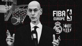 El comisionado de la NBA, Adam Silver, con los logotipos de la NBA y FIBA Europa y los escudos del Real Madrid y del FC Barcelona en un montaje fotográfico.