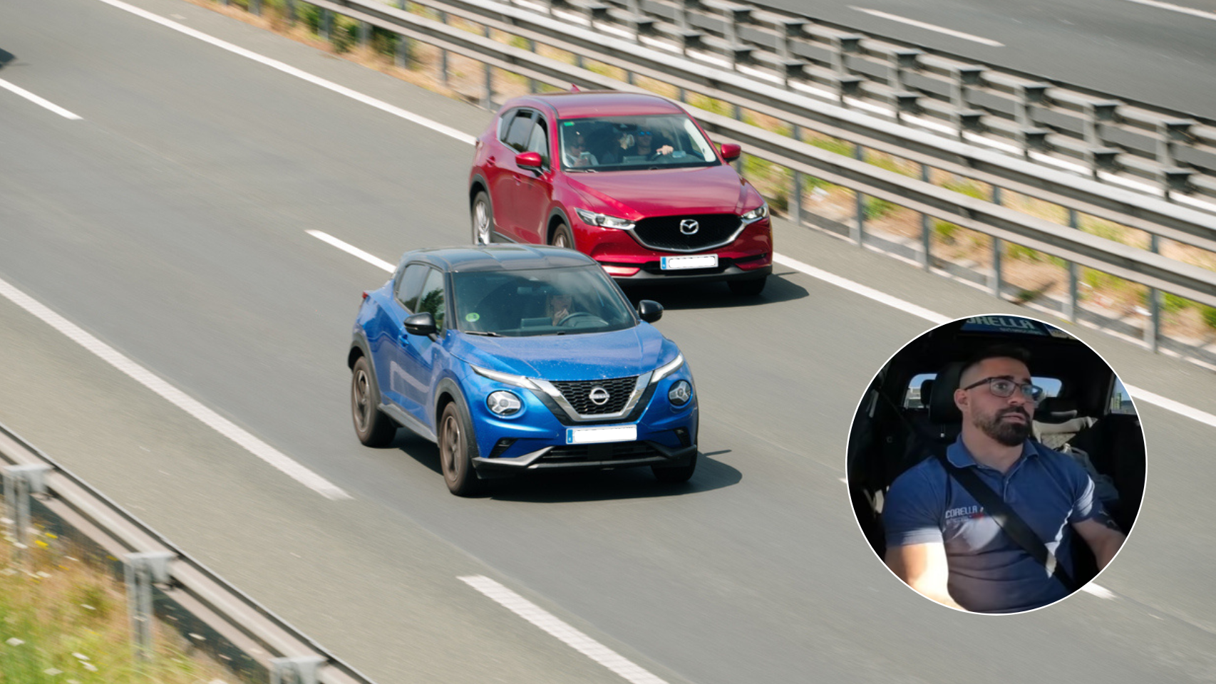 Adelantamiento en carretera de dos coches y el profesor de autoescuela Javier Corella.