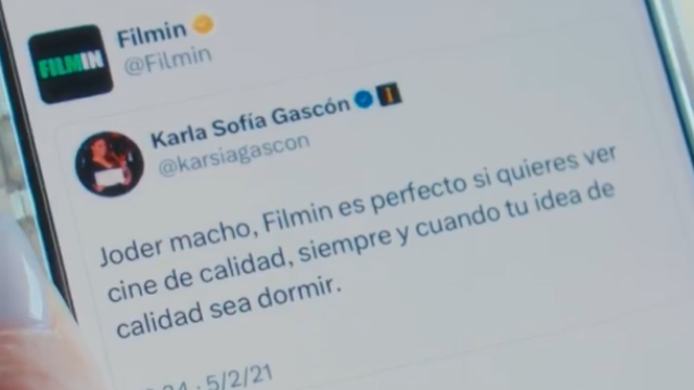 Mensaje de Filmin en la red social X en el que reproduce el tuit falso de Karla Sofía Gascón