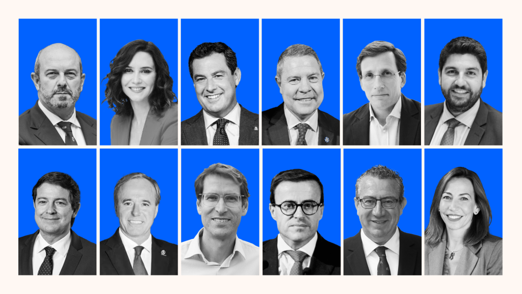 De izda. a dcha. Pedro Rollán, Díaz Ayuso, Moreno Bonilla, García Page, Martínez Almeida, López Miras,  Fernández Mañueco, Azcón, Capellán, Gallardo, Pérez y  Chueca.