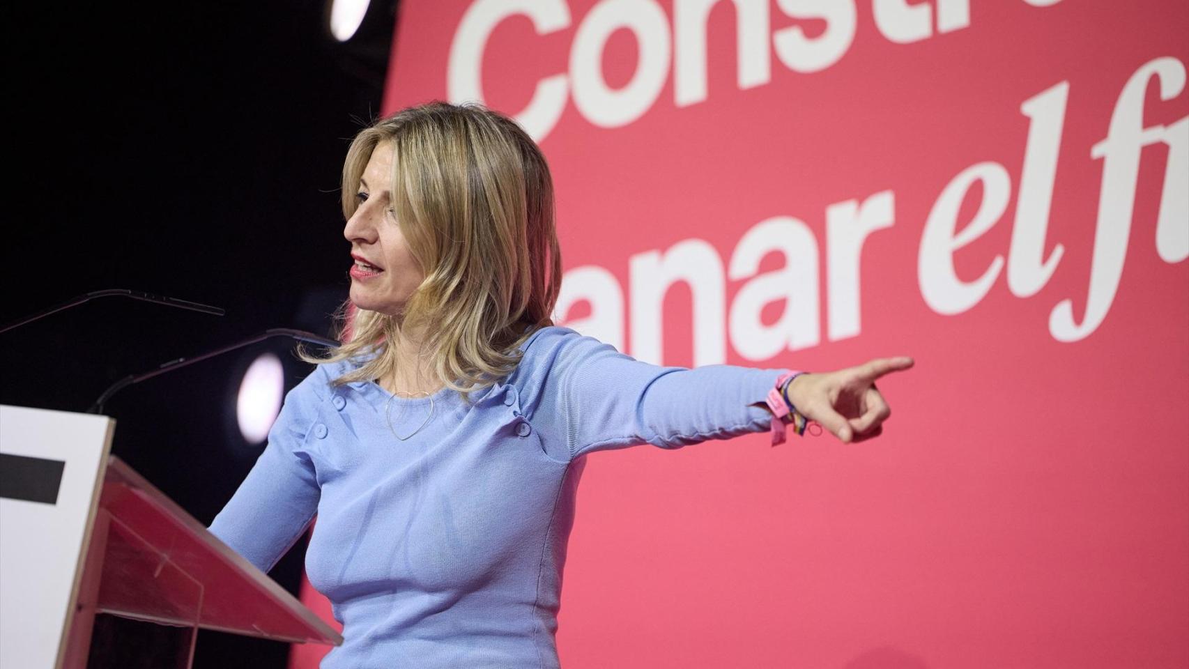 La vicepresidenta Yolanda Díaz, este domingo en Madrid durante la clausura de la asamblea estatal de Sumar.