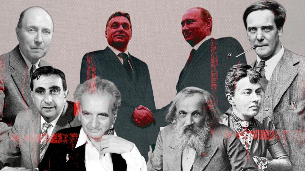 De izquierda a derecha, rodeando a Viktor Orbán y Vladímir Putin, Eugene Wigner, Edward Teller, Theodore von Kármán,  Dmitri Mendeléyev, Sofia Kovalévskaya y Piotr Kapitsa. Montaje: Rubén Vique