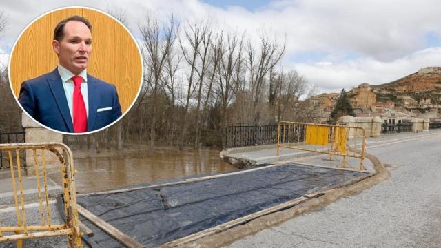 El alcalde de San Esteban de Gormaz, Daniel García, y la zona derrumbada del puente de la localidad, en un montaje de EL ESPAÑOL