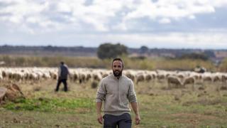 Ramón Cobo, creador de Wool4Life, con el rebaño de ovejas merinas en Mota del Cuervo (Cuenca).