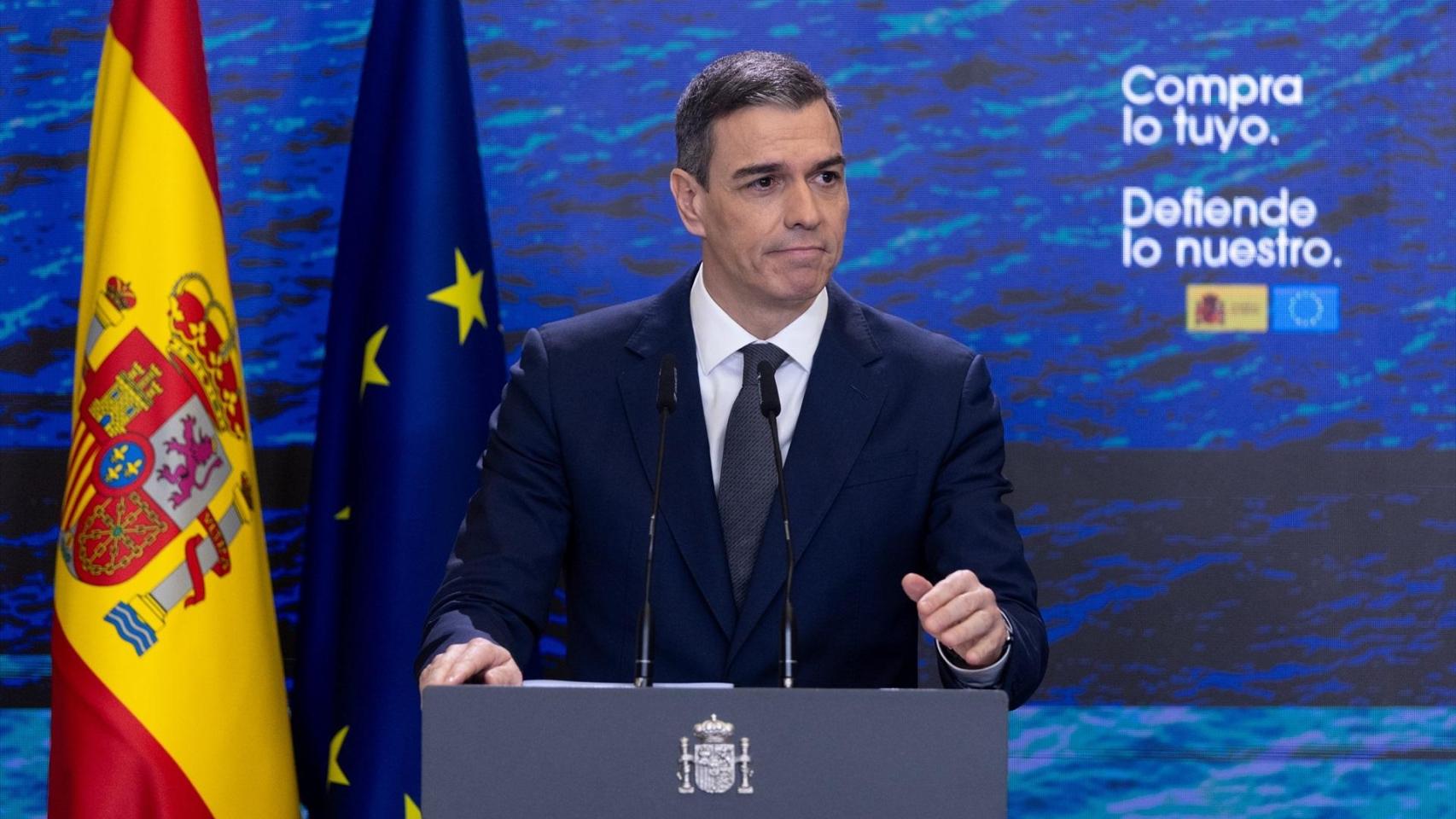 El presidente del Gobierno, Pedro Sánchez, durante la rueda de prensa que ha ofrecido en Moncloa.