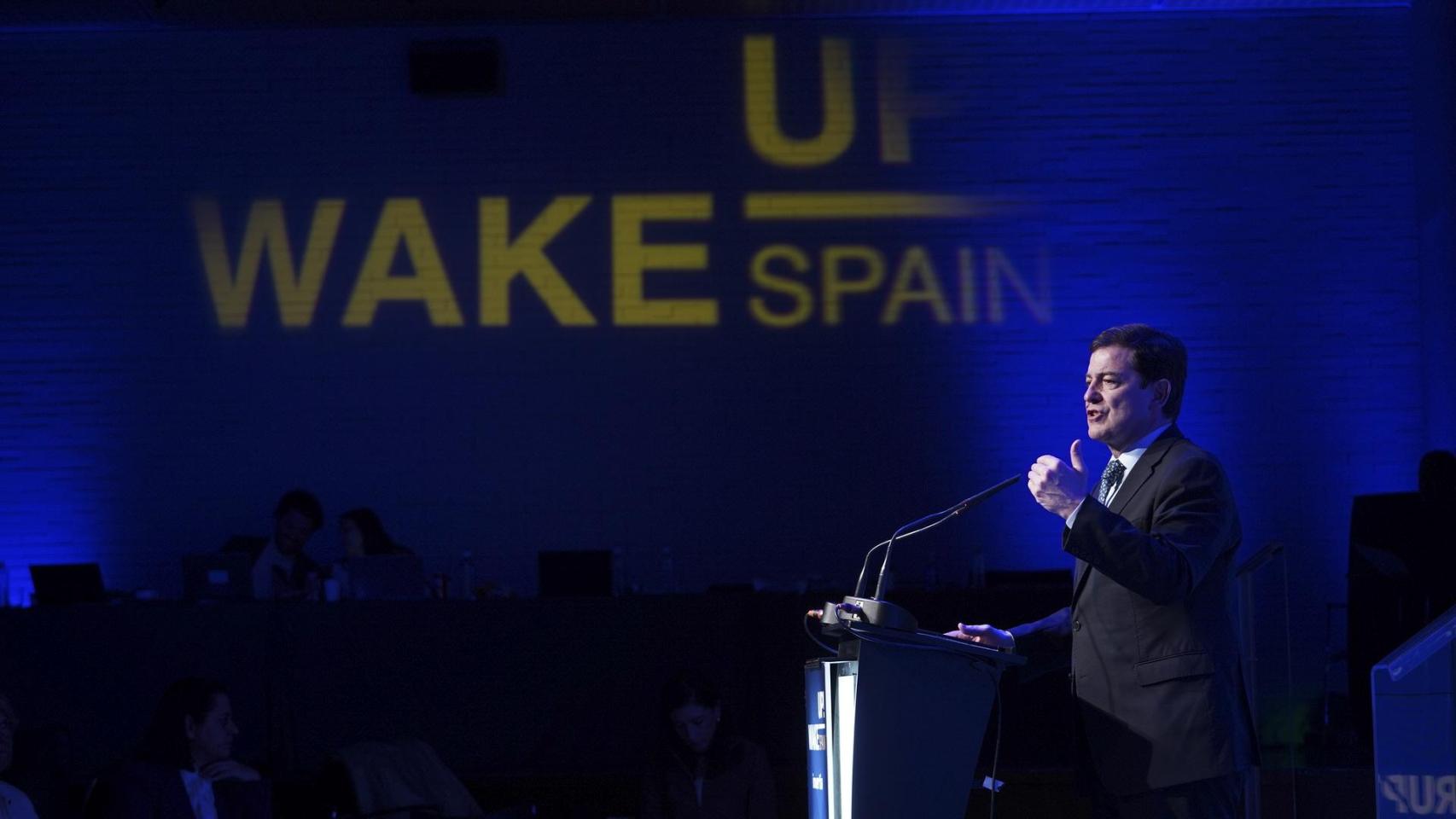 El presidente de la Junta, Alfonso Fernández Mañueco, durante su intervención en la cuarta jornada de la V edición de Wake Up, Spain!, este jueves