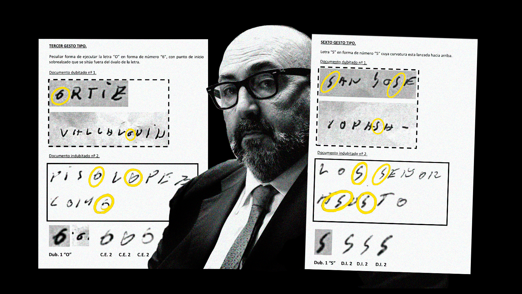 Fotomontaje con el rostro de Koldo García y un fragmento del informe pericial.