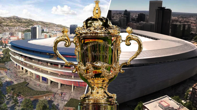 El Camp Nou y el Santiago Bernabéu, tras sus respectivas reformas, junto al trofeo del Mundial de Rugby