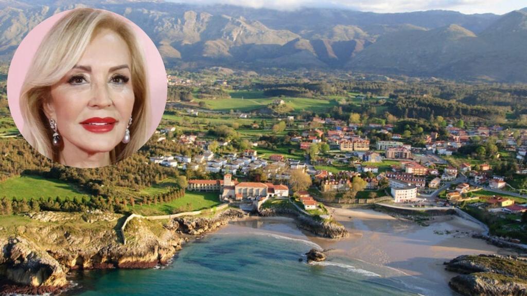 Fotomontaje de BLUPER con Carmen Lomana y el pueblo donde creció.