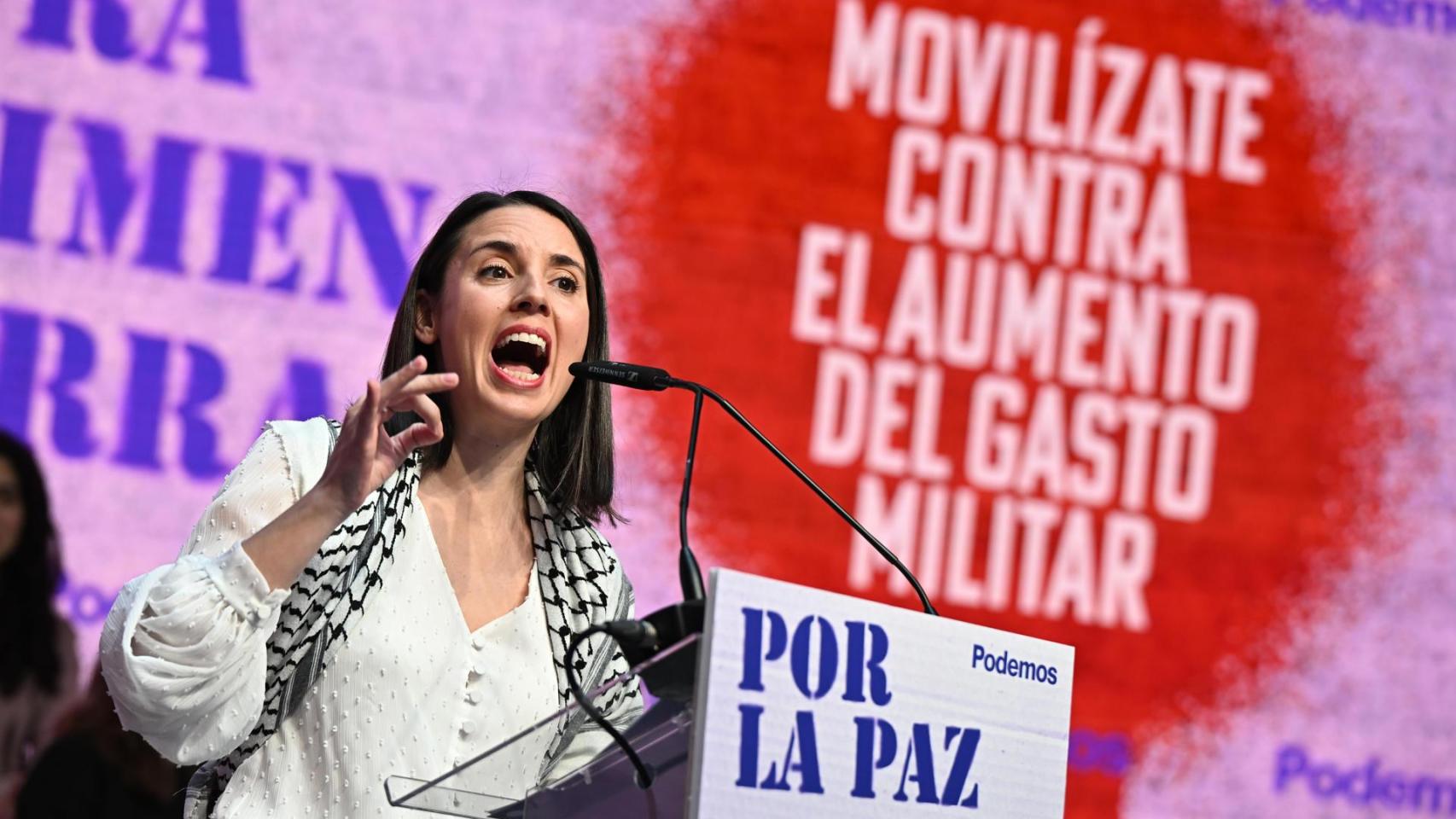 La eurodiputada y exministra de Igualdad Irene Montero, este domigno durante el acto celebrado por Podemos en Madrid.