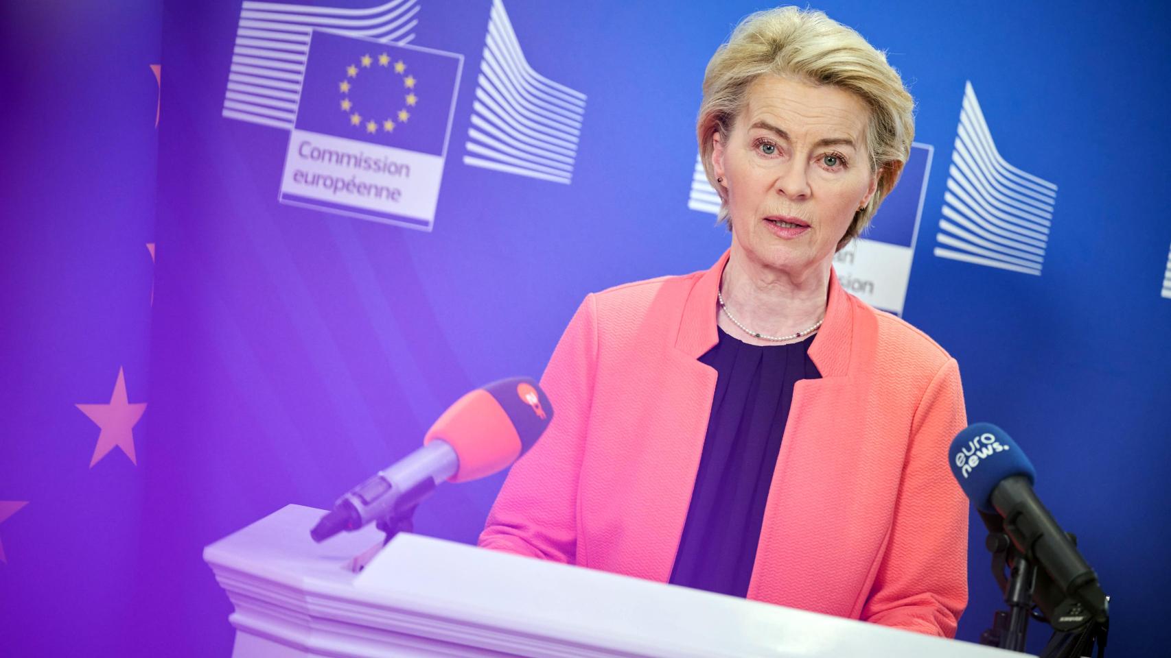 La presidenta de la Comisión, Ursula von der Leyen, durante una comparecencia de prensa