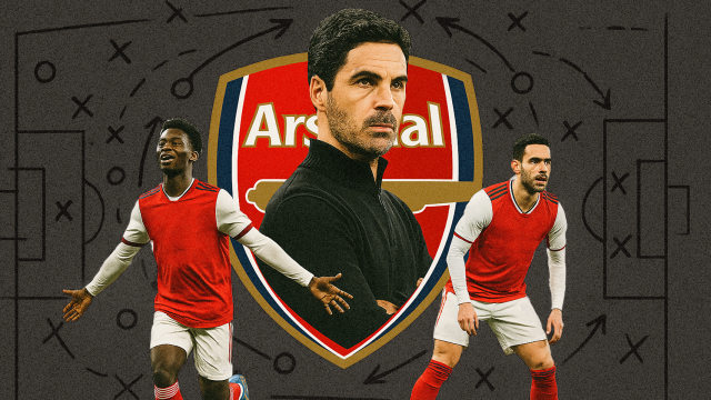 Fotomontaje de Mikel Arteta, Bukayo Saka y Mikel Merino, en el Arsenal