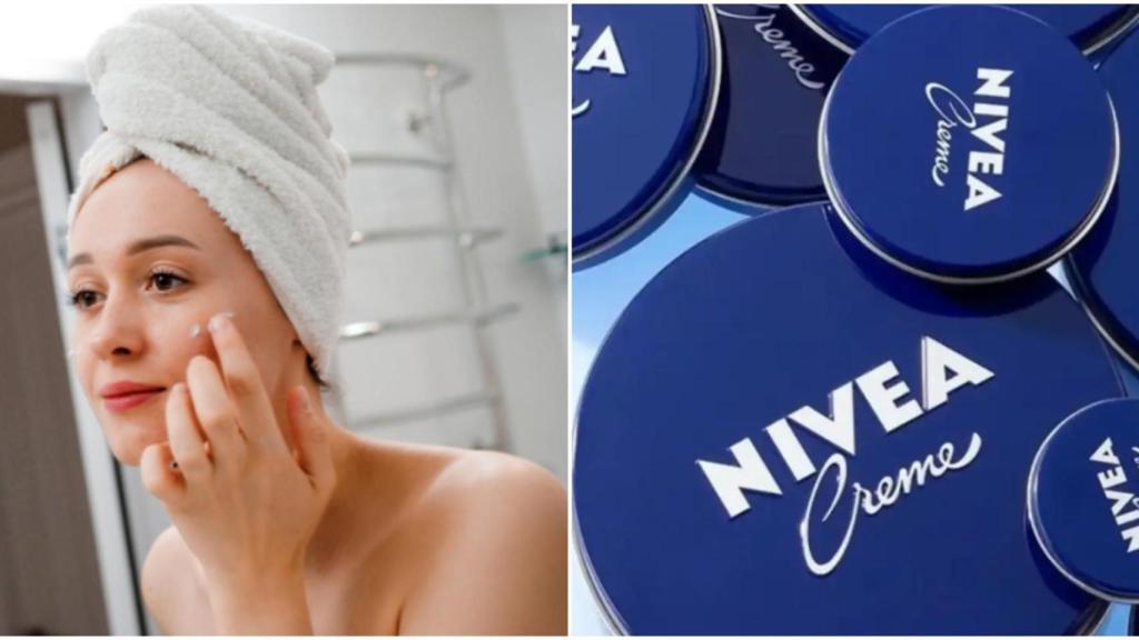 Mujer frente al espejo echándose crema.