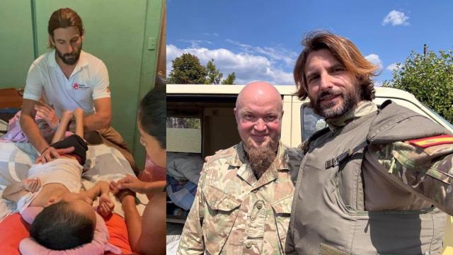 El doctor Aranda, a la izquierda, tratando a un niño en Costa Rica; a la derecha, con un soldado en Ucrania.