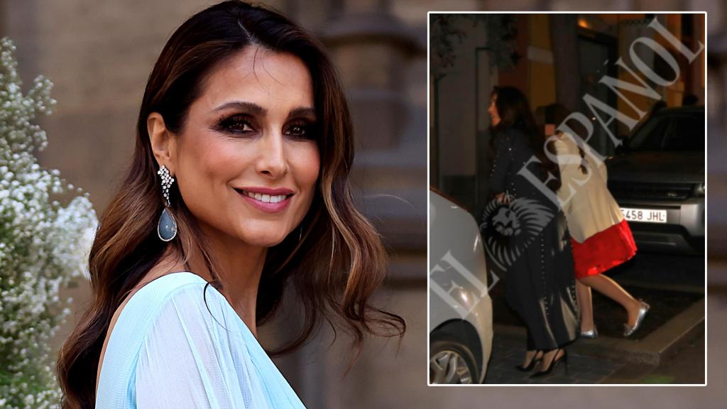 La empresaria Paloma Cuevas junto a la imagen en la que sale del restaurante de la mano de su hija menor, Bianca.