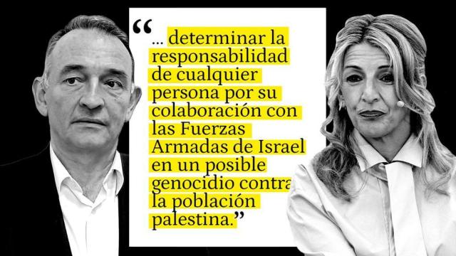 Enrique Santiago y Yolanda Díaz, en un fotomontaje junto a un fragmento de la denuncia de Sumar.