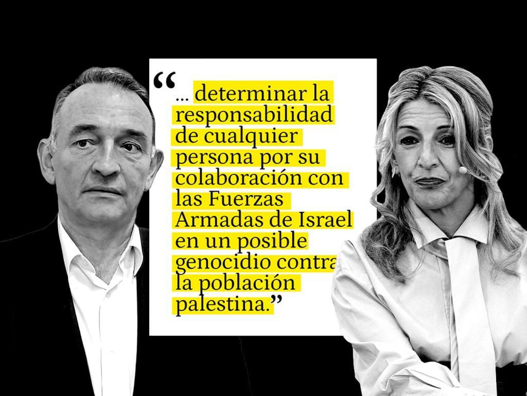 Enrique Santiago y Yolanda Díaz, con uno de los entrecomillados que aparecen en la denuncia de Sumar.
