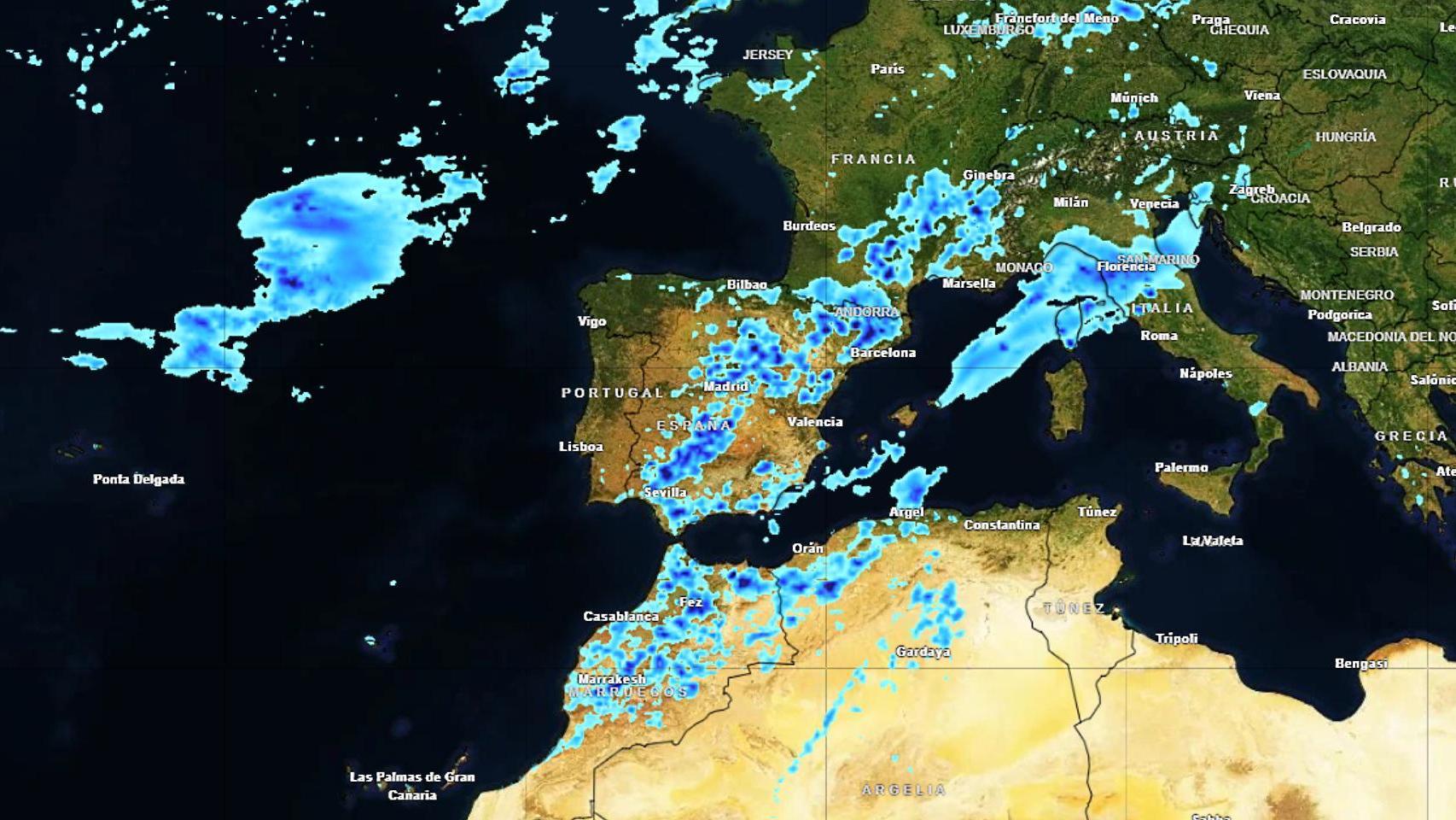 El 'enjambre de tormentas' al paso de los restos de la borrasca Olivier. Meteored.