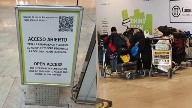 El cartel cerca de la salida del Metro y unos indigentes en Barajas.