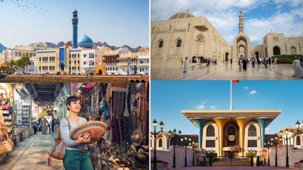 La mezquita, el palacio presidencial, el zoco y vista general de Mascate.