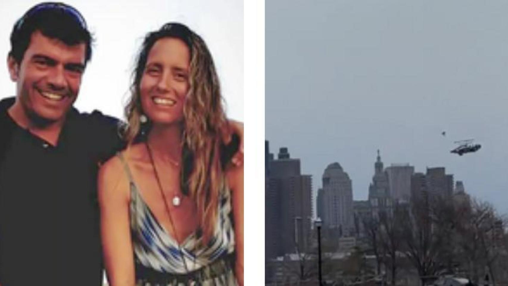 Escobar y Camprubí en una foto familia, junto a la imagen del helicóptero en el que viajaban, despiezándose al caer.