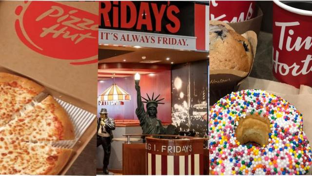 Montaje con imágenes de Pizza Hut, Tim Hortons y Fridays.