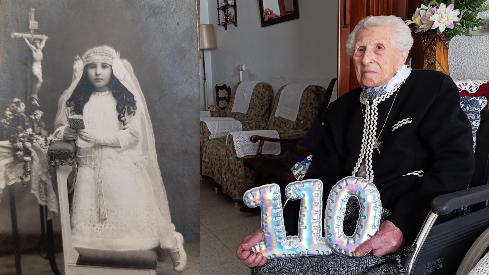 Concha Lax sostiene los globos de la celebración de su 110 cumpleaños; y a la izquierda, una foto de cuando hizo la comunión en 1924.