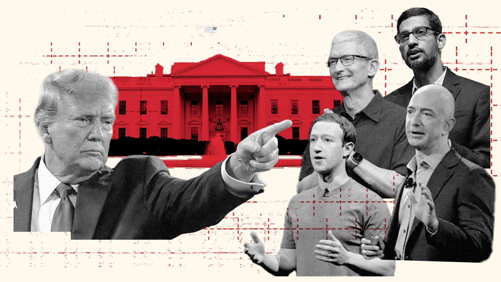Ilustración sobre el enfrentamiento de Donald Trump y las grandes tecnológicas dirigidas por Mark Zuckerberg (Meta), Tim Cook (Apple), Jeff Bezos (Amazon) y Sundar Pichai (Google)