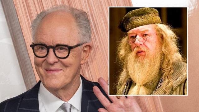 John Lithgow en la alfombra roja de los Premios Oscar 2025 y un fotograma de Michael Gambon como Dumbledore en la saga 'Harry Potter'
