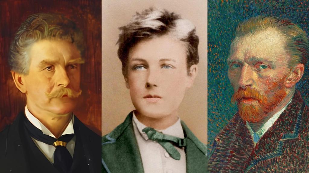 Ambrose Bierce retratado por J. H. E. Partington, Arthur Rimbaud en una fotografía de 1872 realizada por Étienne Carjat y Vincent Van Gogh en un autorretrato de 1887