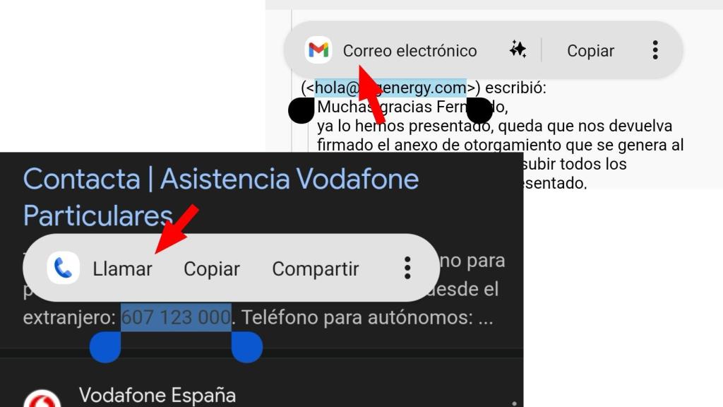 Opciones de correo electrónico y Teléfono