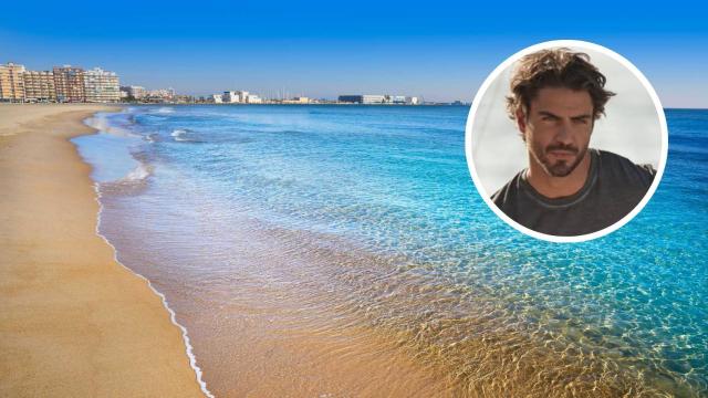 Imagen de una playa de Santa Pola y Maxi Iglesias