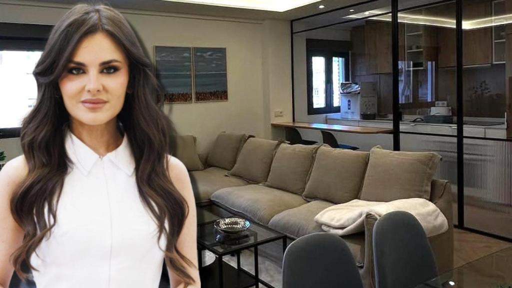 Alexia Rivas junto a su piso de Madrid, en un montaje de JALEOS.