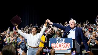 Congresswoman Alexandria Ocasio-Cortez and U.S. Senator Bernie Sanders participate in a “Fighting Oligarchy” tour stop at the Dignity Health Arena, Theater in Bakersfield, California, on April 15, 2025.