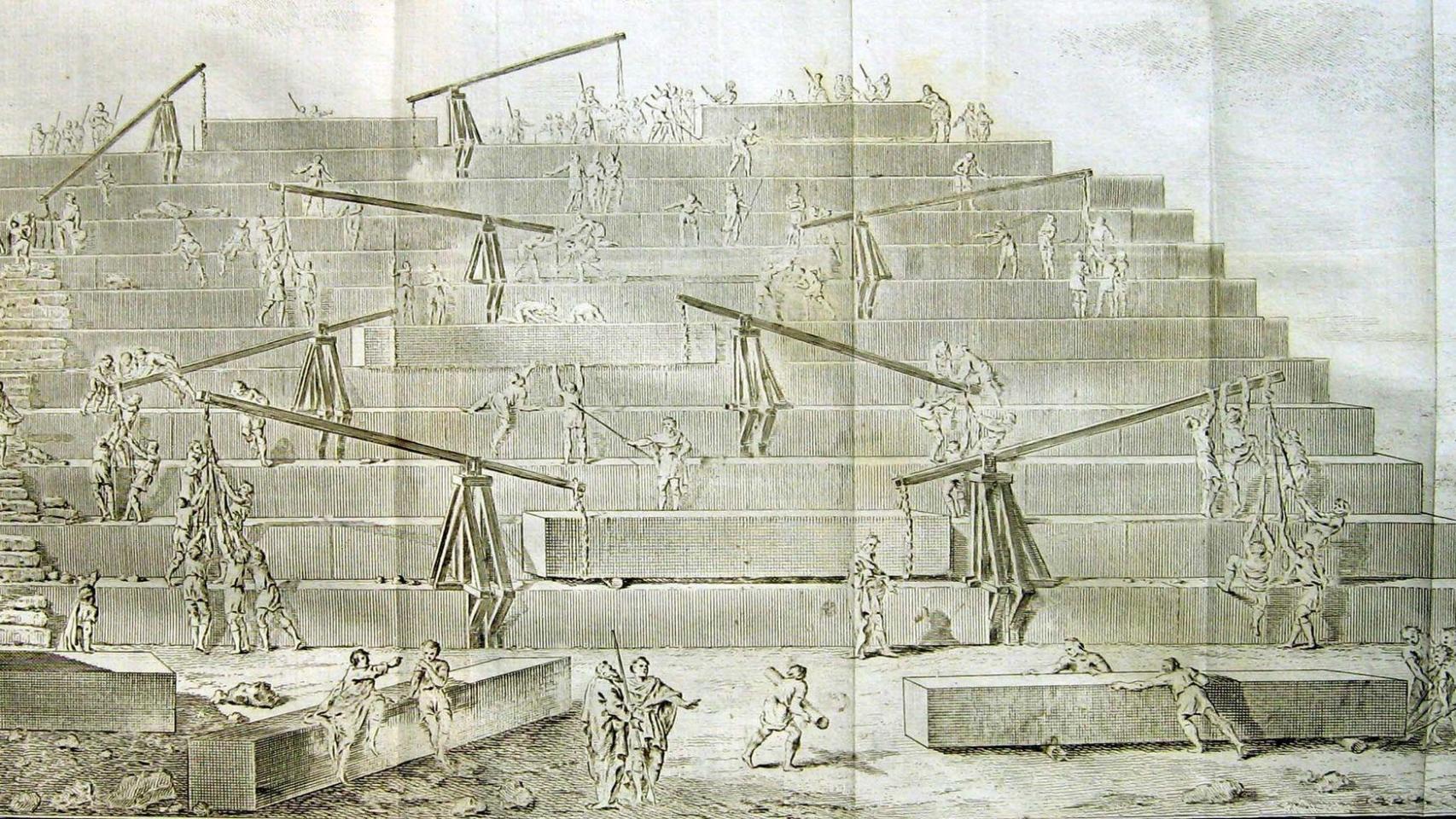 Interpretación, según Antoine-Yves Goguet (1820), de la construcción de la Gran pirámide descrita por Heródoto. Foto: Wikimedia Commons